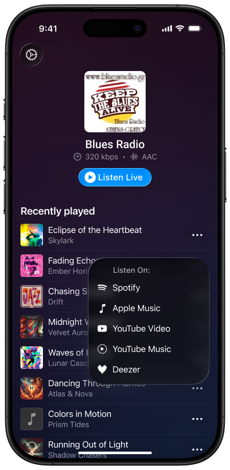 POSCOR iPhone app now playing screen